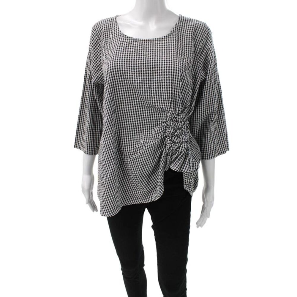 Tulip Women Tunic Black Check 100% Cotton Round Neck 3/4 Sleeve Pullover Size S